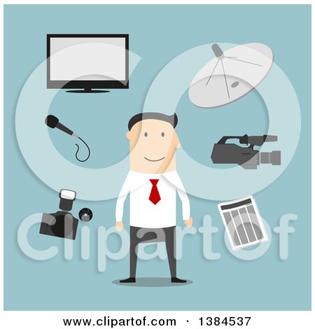 Clipart of a Flat Design White Male Reporter and Accessories, on Blue - Royalty Free Vector Illustration by Vector Tradition SM