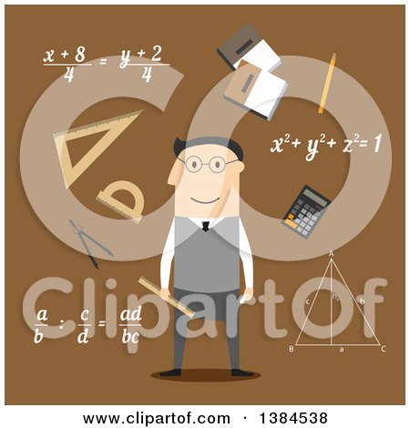 Clipart of a Flat Design White Male Mathematician and Accessories, on Brown - Royalty Free Vector Illustration by Vector Tradition SM