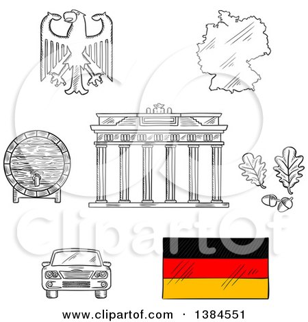 Clipart of Sketched Germany Icons with Map and Flag, Eagle Emblem and Oak Branches, Wooden Barrel of Beer, Car and Brandenburg Gates - Royalty Free Vector Illustration by Vector Tradition SM