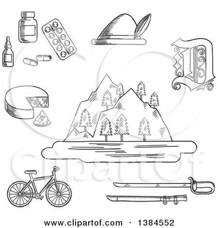 Clipart of Black and White Sketched German Alps Mountains, Forest and Lake, Surrounded by Bavarian Hat and Cheese, Medication and Gothic German Letter, Bicycle and Medieval Sword - Royalty Free Vector Illustration by Vector Tradition SM