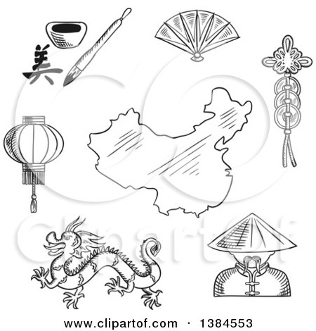 Clipart of a Black and White Sketched Chinese Dragon and Mandarin or Chinaman, Lantern and Calligraphy, Fan and Wealth Symbol Around a Map of China - Royalty Free Vector Illustration by Vector Tradition SM