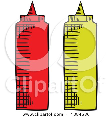 Clipart of Sketched Ketchup and Mustard Bottles - Royalty Free Vector Illustration by Vector Tradition SM