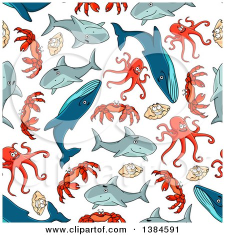 Clipart of a Seamless Background Pattern of Sharks, Whales, Octopus, Clams and Crabs - Royalty Free Vector Illustration by Vector Tradition SM