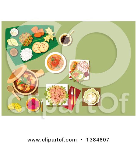 Clipart of a Table Setting of Malaysian Cuisine with Nasi Lemak Rice and Prawn Noodle, Tofu Noodle with Curry, Pork Stew with Mushrooms and Tofu, Passion Fruit and Carambola, Mango, Pineapple Fruits with Bread and Dessert on Banana Leaf - Royalty Free V by Vector Tradition SM