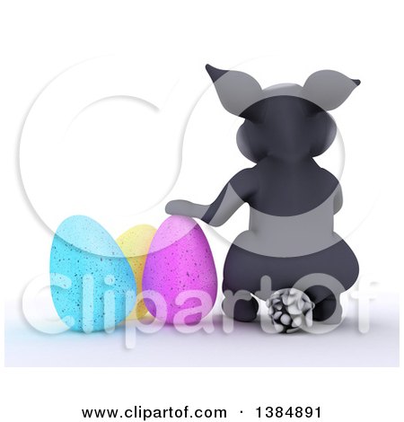 Clipart of a 3d Rear View of a Gray Bunny Rabbit with Easter Eggs, on a White Background - Royalty Free Illustration by KJ Pargeter
