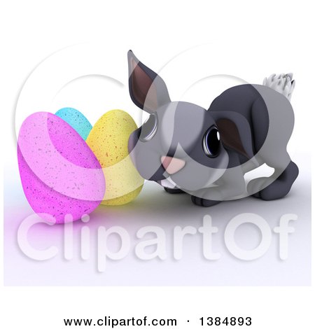 Clipart of a 3d Cute Gray Bunny Rabbit with Easter Eggs, on a White Background - Royalty Free Illustration by KJ Pargeter