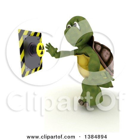 Clipart of a 3d Tortoise Pushing a Radioactive Button, on a White Background - Royalty Free Illustration by KJ Pargeter