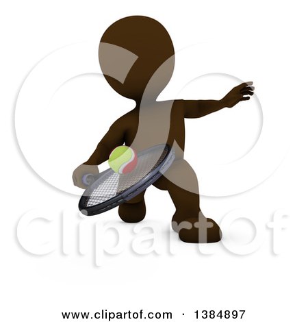 Clipart of a 3d Brown Man Playing Tennis, on a White Background - Royalty Free Illustration by KJ Pargeter