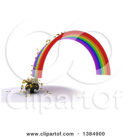 Clipart of a 3d End of a Rainbow and Pot of Gold with Coins Spilling Out, on a White Background - Royalty Free Illustration by KJ Pargeter