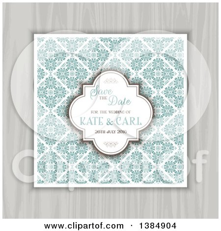 Clipart of a Save the Date Invite with Floral Tiles and Sample Text over Wood - Royalty Free Vector Illustration by KJ Pargeter