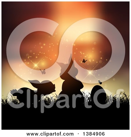 Clipart of a Silhouetted Easter Egg and Bunny Rabbits with Butterflies Against a Sunset - Royalty Free Vector Illustration by KJ Pargeter