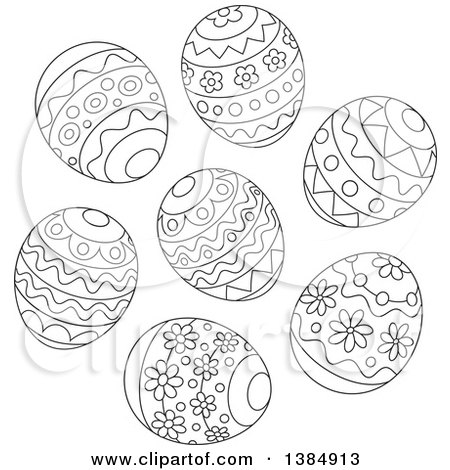 Clipart of a Black and White Cluster of Decorated Easter Eggs - Royalty Free Vector Illustration by Alex Bannykh