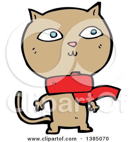 Clipart of a Cartoon Tan Kitty Cat Wearing a Scarf - Royalty Free Vector Illustration by lineartestpilot