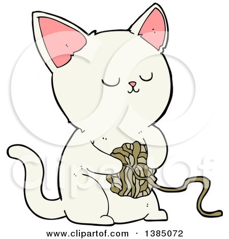 Clipart of a Cartoon White Kitty Cat Playing with a Ball of Yarn - Royalty Free Vector Illustration by lineartestpilot