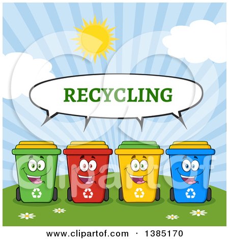 Clipart of a Cartoon Row of Cololorful Talking Recycle Bin Characters Against a Sunny Sky - Royalty Free Vector Illustration by Hit Toon