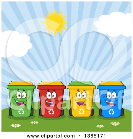 Clipart of a Cartoon Row of Cololorful Happy Recycle Bin Characters Against a Sunny Sky - Royalty Free Vector Illustration by Hit Toon