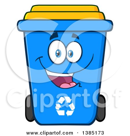 Clipart of a Cartoon Blue Recycle Bin Character Smiling - Royalty Free Vector Illustration by Hit Toon
