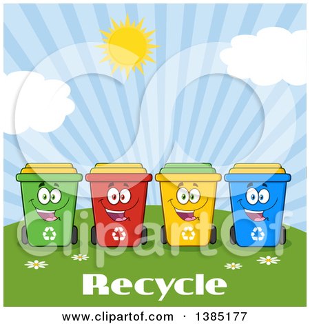 Clipart of a Cartoon Row of Cololorful Happy Recycle Bin Characters Against a Sunny Sky, over Text - Royalty Free Vector Illustration by Hit Toon