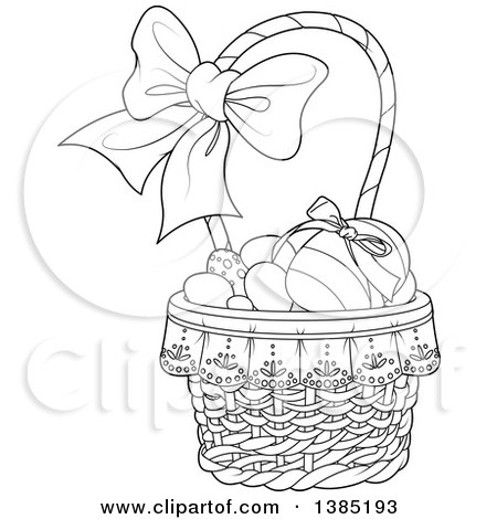 Clipart of a Black and White Lineart Basket of Easter Eggs with a Bow on the Handle - Royalty Free Vector Illustration by Pushkin