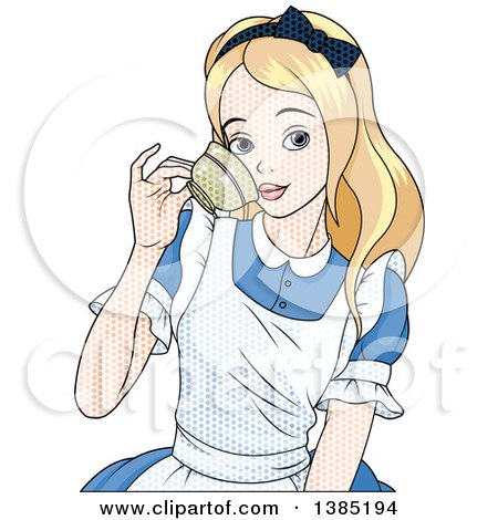 Clipart of a Comic Styled Alice Drinking from a Tea Cup, with Dots - Royalty Free Vector Illustration by Pushkin