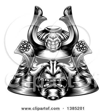 Clipart of a Black and White Woodcut or Engraved Samurai Mask - Royalty Free Vector Illustration by AtStockIllustration