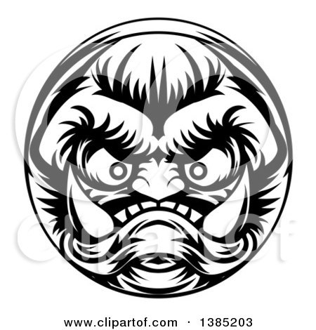 Clipart of a Black and White Grinning Samurai Demon Monster Face - Royalty Free Vector Illustration by AtStockIllustration