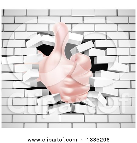 Clipart of a Caucasian Hand Giving a Thumb up and Breaking Through a 3d White Brick Wall - Royalty Free Vector Illustration by AtStockIllustration