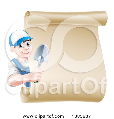 Clipart of a Happy Young Brunette White Male Gardener in Blue, Holding a Hand Spade Shovel Around a Blank Scroll Sign - Royalty Free Vector Illustration by AtStockIllustration