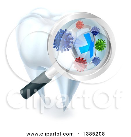 Clipart of a Magnifying Glass over a Tooth, Displaying Bacteria and a Shield - Royalty Free Vector Illustration by AtStockIllustration