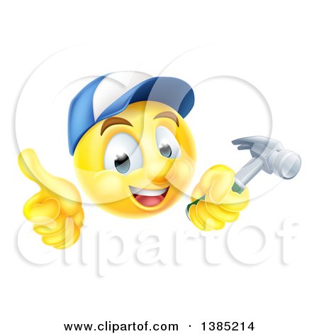 Clipart of a 3d Carpenter Yellow Smiley Emoji Emoticon Face Giving a Thumb up and Holding a Hammer - Royalty Free Vector Illustration by AtStockIllustration