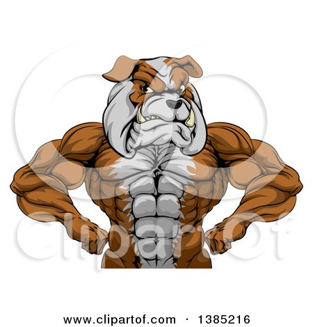 Clipart of a Muscular Tough Bulldog Man Mascot Flexing, from the Waist up - Royalty Free Vector Illustration by AtStockIllustration
