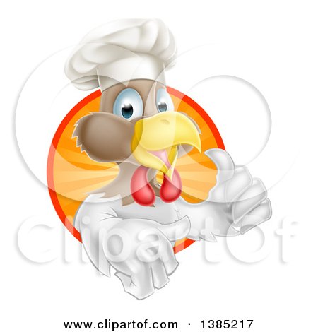 Clipart of a Happy White and Brown Chef Chicken Giving a Thumb up and Emerging from a Circle of Sun Rays - Royalty Free Vector Illustration by AtStockIllustration
