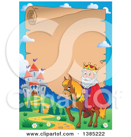 Clipart of a Happy Caucasian Horseback King near a Castle over on an Aged Parchment Scroll Page - Royalty Free Vector Illustration by visekart