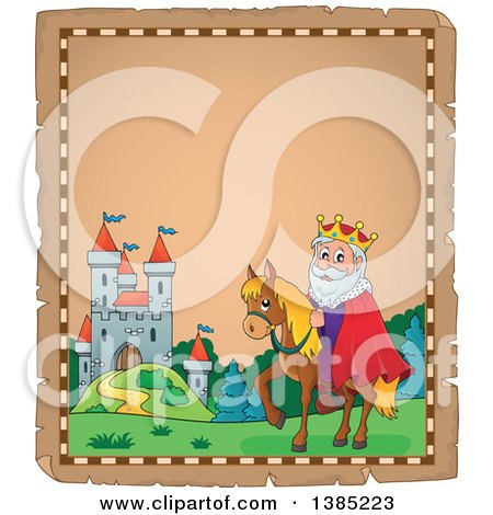 Clipart of a Happy Caucasian Horseback King near a Castle on an Aged Parchment Page - Royalty Free Vector Illustration by visekart