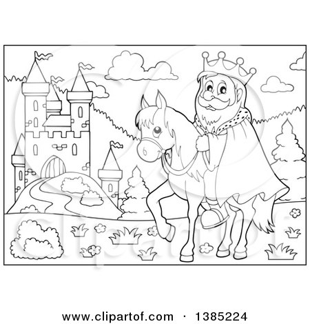 Clipart of a Black and White Lineart Happy Caucasian Horseback King near a Castle - Royalty Free Vector Illustration by visekart