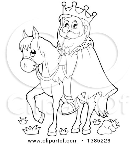 Clipart of a Black and White Lineart Happy Caucasian Horseback King - Royalty Free Vector Illustration by visekart