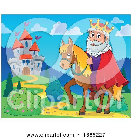 Clipart of a Happy Caucasian Horseback King near a Castle - Royalty Free Vector Illustration by visekart