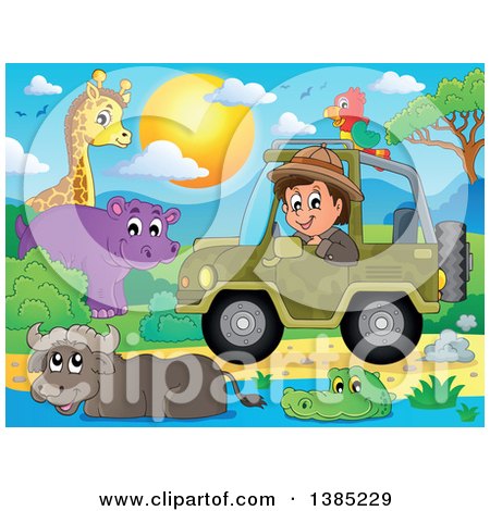 Clipart of a Happy Safari Man Driving a Jeep Around Animals - Royalty Free Vector Illustration by visekart