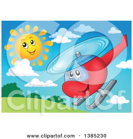 Clipart of a Happy Cartoon Helicopter Character Flying on a Sunny Day - Royalty Free Vector Illustration by visekart