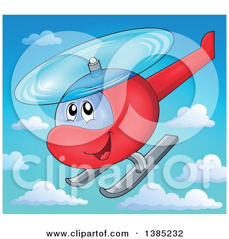 Clipart of a Happy Cartoon Helicopter Character Flying in the Sky - Royalty Free Vector Illustration by visekart