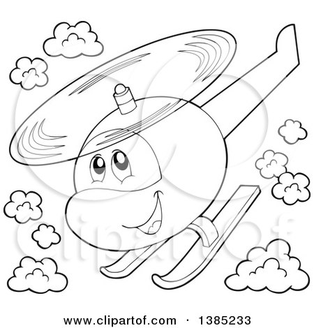 Clipart of a Black and White Lineart Happy Cartoon Helicopter Character Flying in the Sky - Royalty Free Vector Illustration by visekart