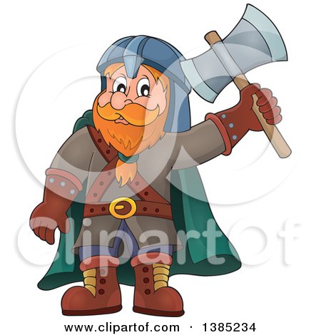 Clipart of a Cartoon Happy Male Dwarf Warrior Holding up an Axe - Royalty Free Vector Illustration by visekart