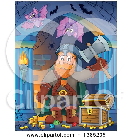 Clipart of a Cartoon Happy Male Dwarf Warrior Holding up an Axe near Treasure, in a Corridor - Royalty Free Vector Illustration by visekart