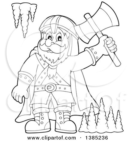 Clipart of a Black and White Lineart Cartoon Happy Male Dwarf Warrior Holding up an Axe in a Cave - Royalty Free Vector Illustration by visekart