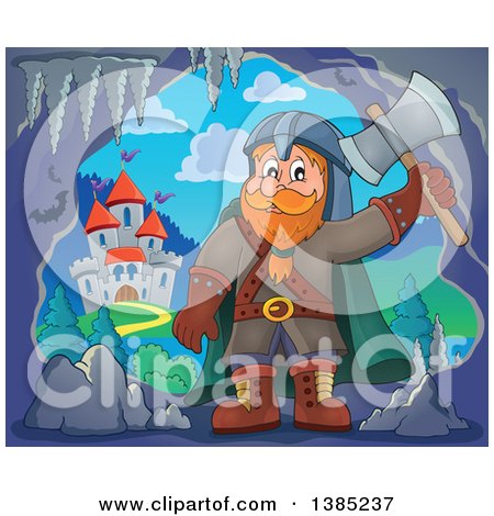 Clipart of a Cartoon Happy Male Dwarf Warrior Holding up an Axe in a Cave near a Castle - Royalty Free Vector Illustration by visekart