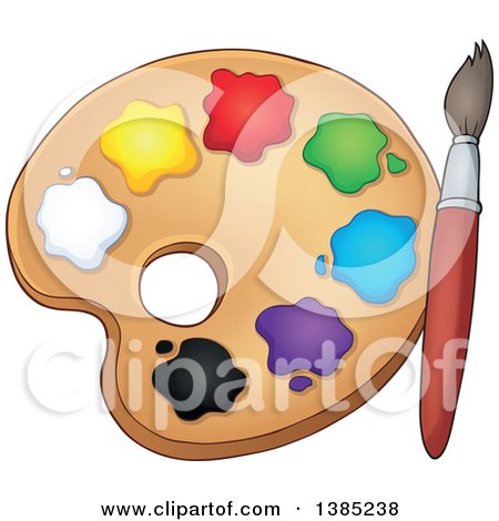 Clipart of a Cartoon Paint Palette with Colorful Spots and a Brush - Royalty Free Vector Illustration by visekart