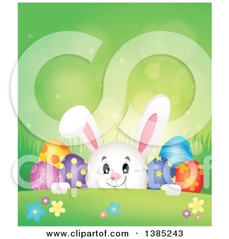 Clipart of a Bunny Rabbit Peeking over a Hill with Easter Eggs, Flowers and Grass over Green Flares - Royalty Free Vector Illustration by visekart