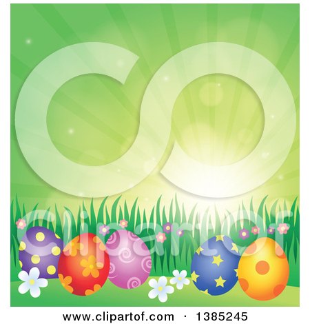 Clipart of a Background of Patterned Easter Eggs, Grass and Flowers Against a Green Sky with Sunshine - Royalty Free Vector Illustration by visekart