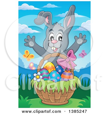 Clipart of a Gray Bunny Rabbit Welcoming Behind an Easter Basket with Eggs - Royalty Free Vector Illustration by visekart