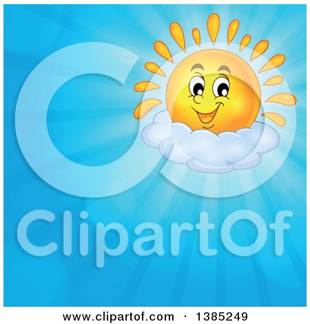 Clipart of a Happy Shining Sun Character Resting on a Cloud in a Blue Sky - Royalty Free Vector Illustration by visekart